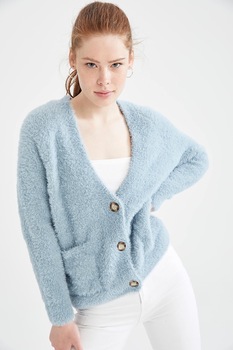 DeFacto, Cardigan cu decolteu in V si buzunare aplicate, Albastru deschis DeFacto, Cardigan cu decolteu in V si buzunare aplicate, Albastru deschis