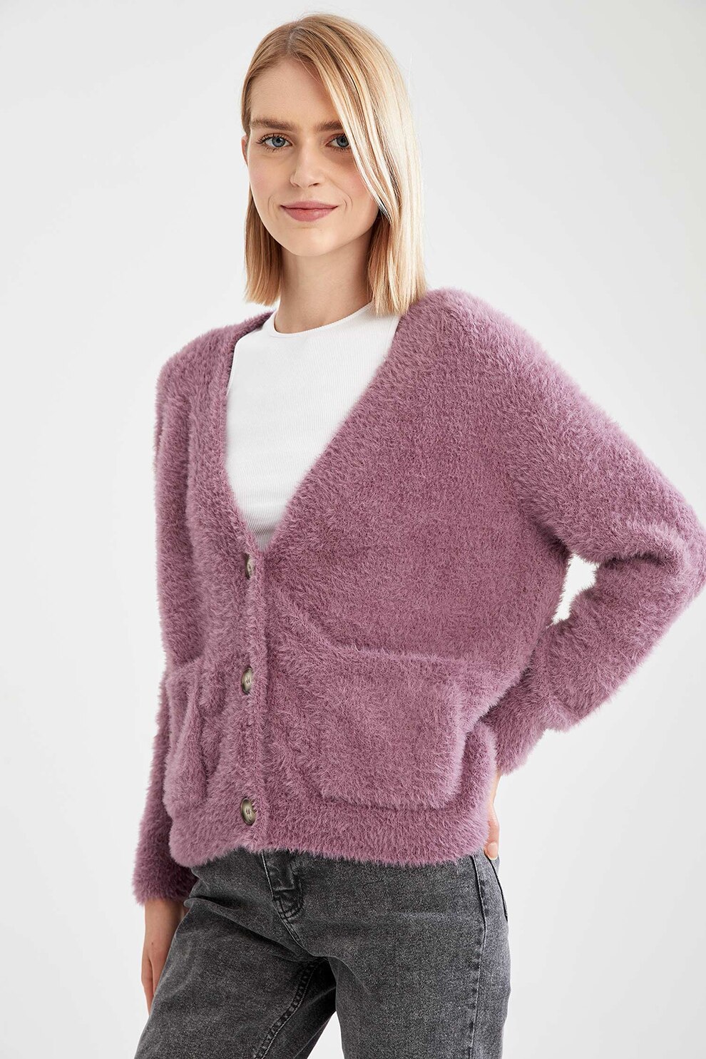 DeFacto, Cardigan cu decolteu in V si buzunare aplicate, Violet prafuit