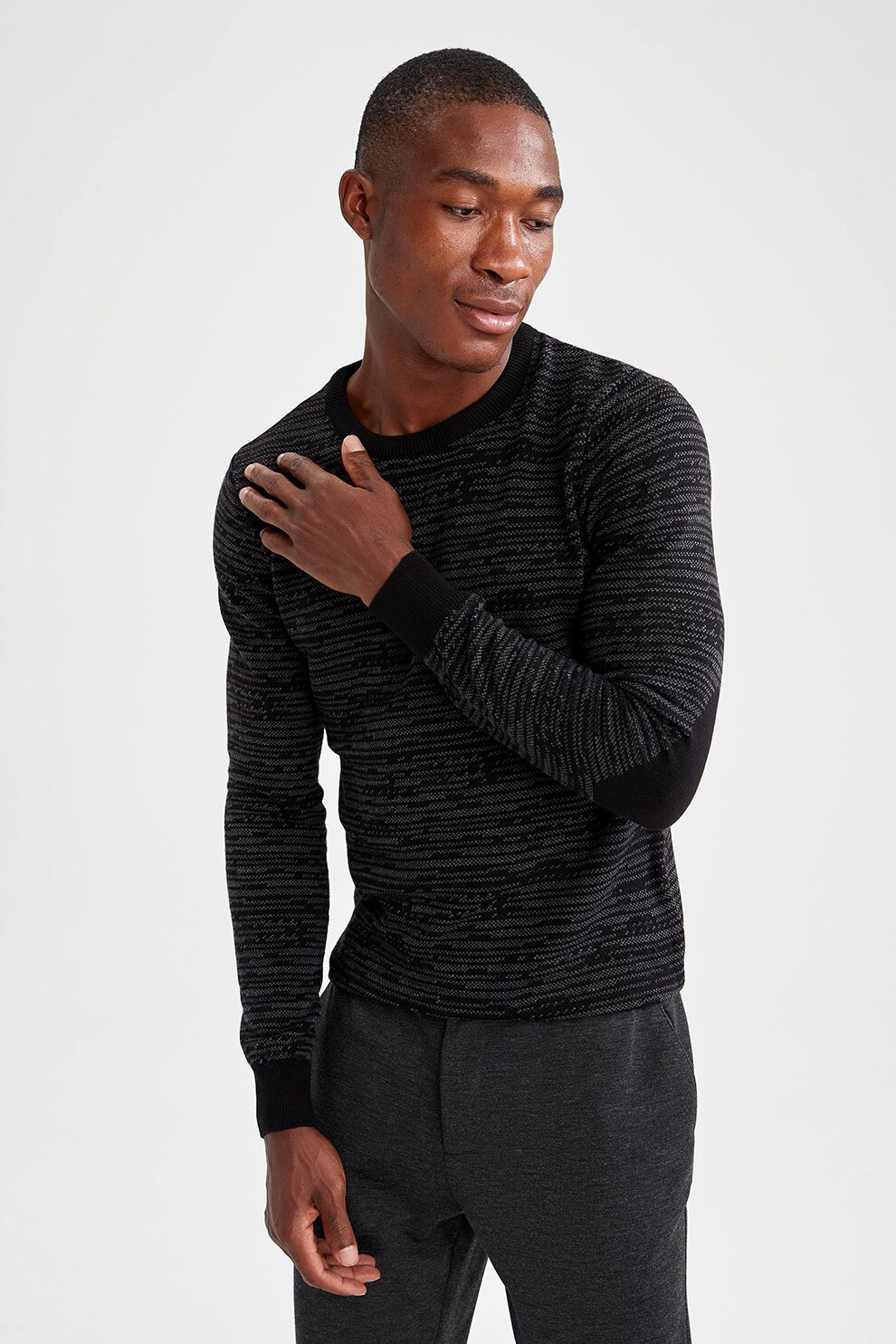 DeFacto, Pulover slim fit, tricot, Negru