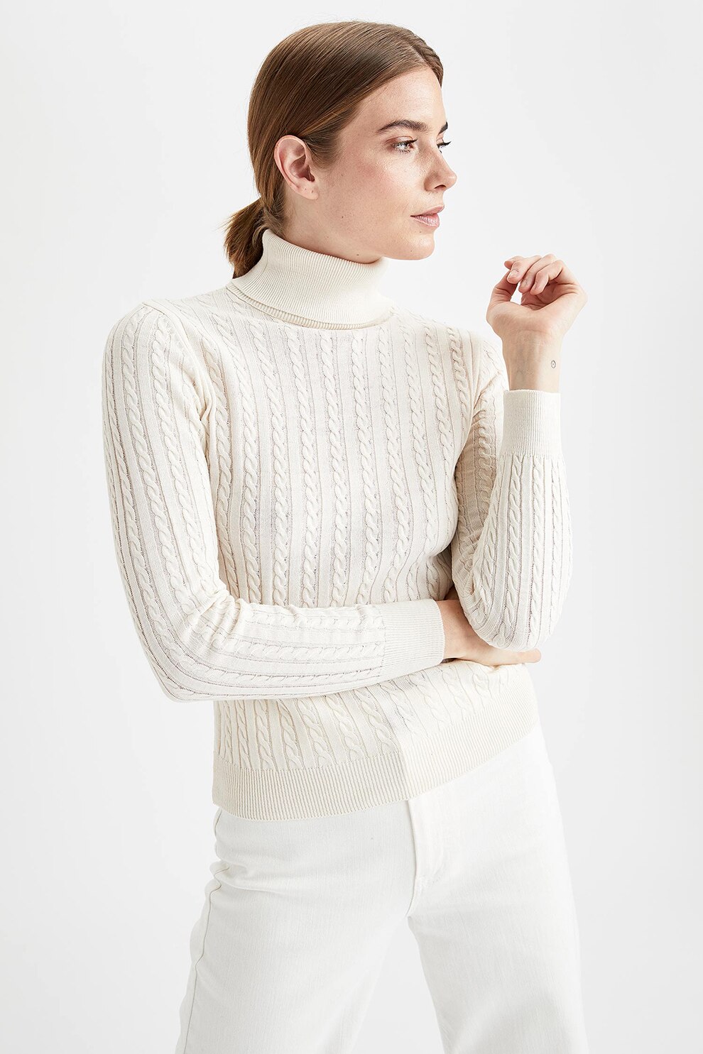 DeFacto, Pulover slim fit cu torsade, Alb