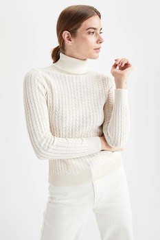 DeFacto, Pulover slim fit cu torsade, Alb DeFacto, Pulover slim fit cu torsade, Alb