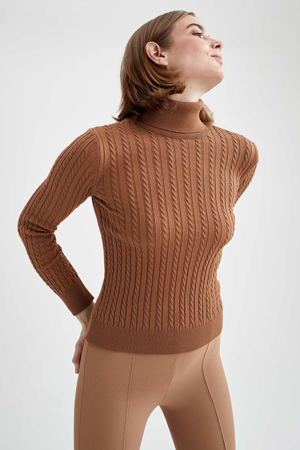 DeFacto, Pulover slim fit cu torsade, Maro