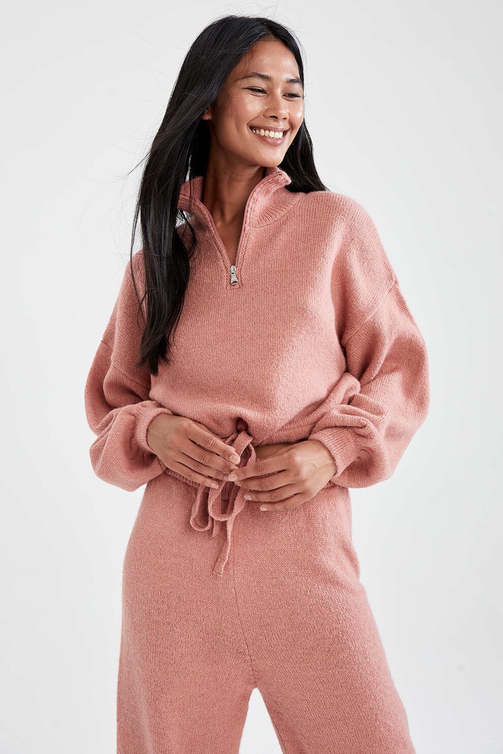 DeFacto, Pulover relaxed fit cu fenta cu fermoar, Roz