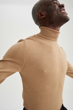 DeFacto, Pulover slim fit cu guler inalt, Maro camel DeFacto, Pulover slim fit cu guler inalt, Maro camel