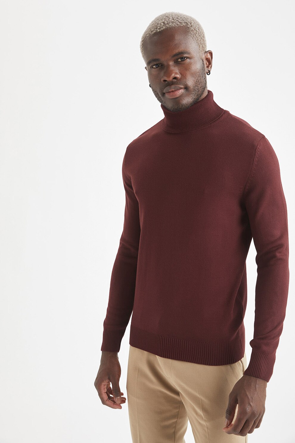 DeFacto, Pulover slim fit cu guler inalt, Visiniu