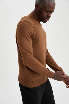 DeFacto, Pulover slim fit tricotat fin cu guler inalt, Scortisoara DeFacto, Pulover slim fit tricotat fin cu guler inalt, Scortisoara