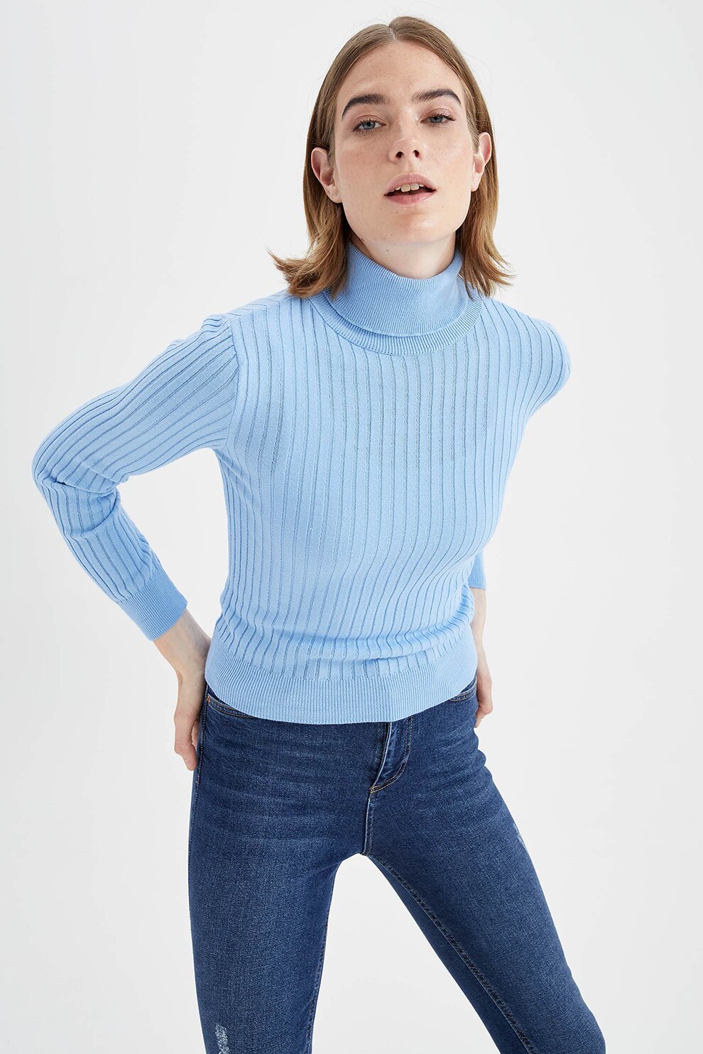 DeFacto, Pulover cu guler inalt, striatii si maneci lungi, Albastru