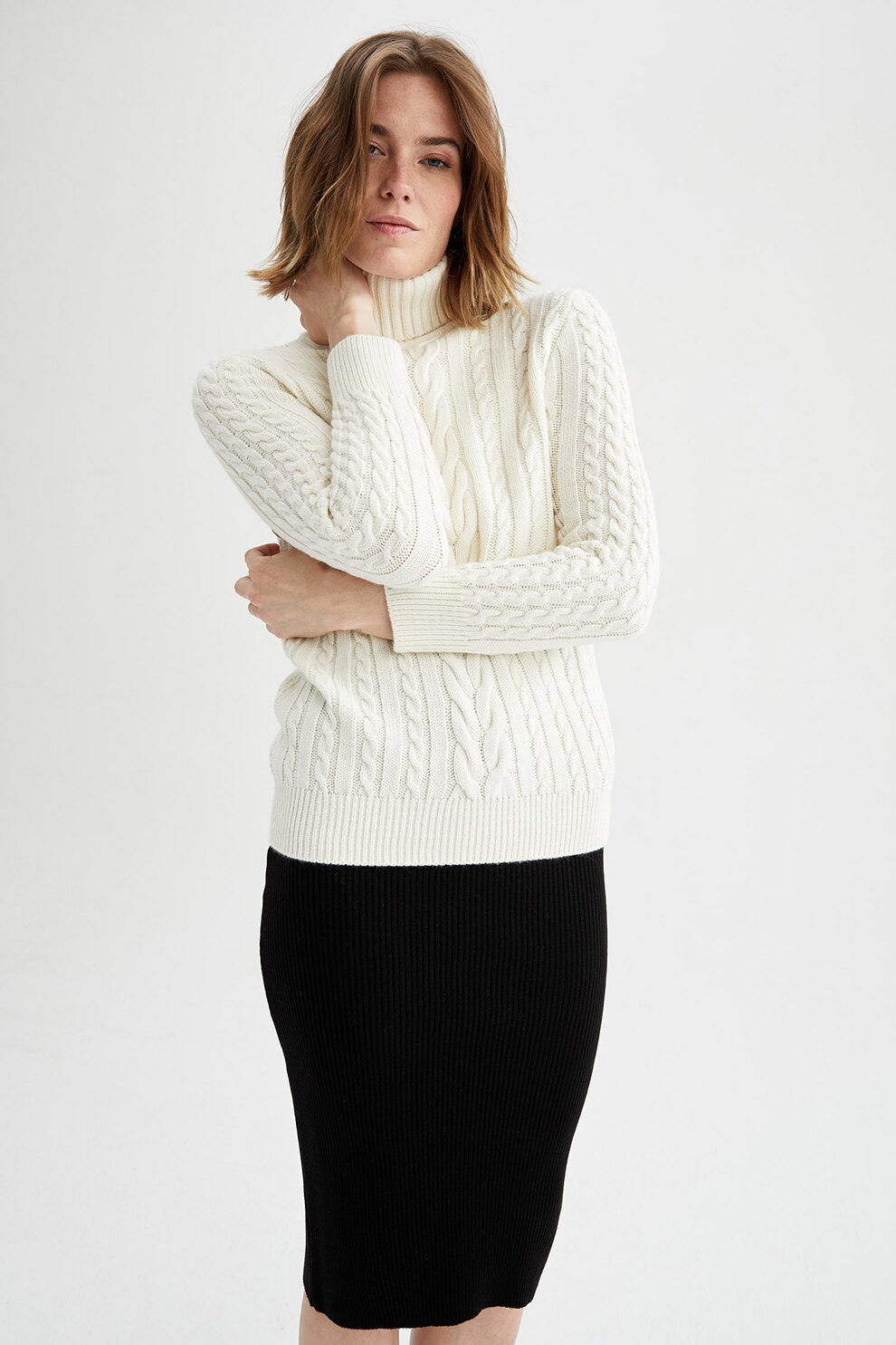 DeFacto, Pulover cu guler inalt si model torsade, Alb prafuit