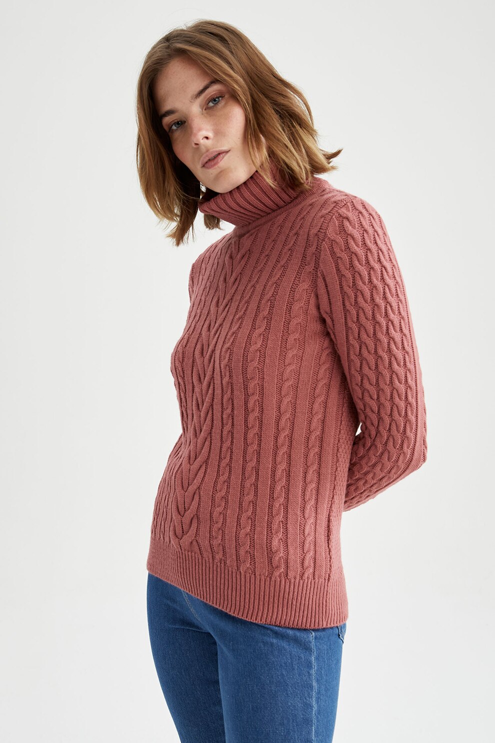 DeFacto, Pulover cu guler inalt si model torsade, Rosu stins
