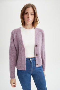 DeFacto, Cardigan cu decolteu in V, Lila, 2XL DeFacto, Cardigan cu decolteu in V, Lila, 2XL