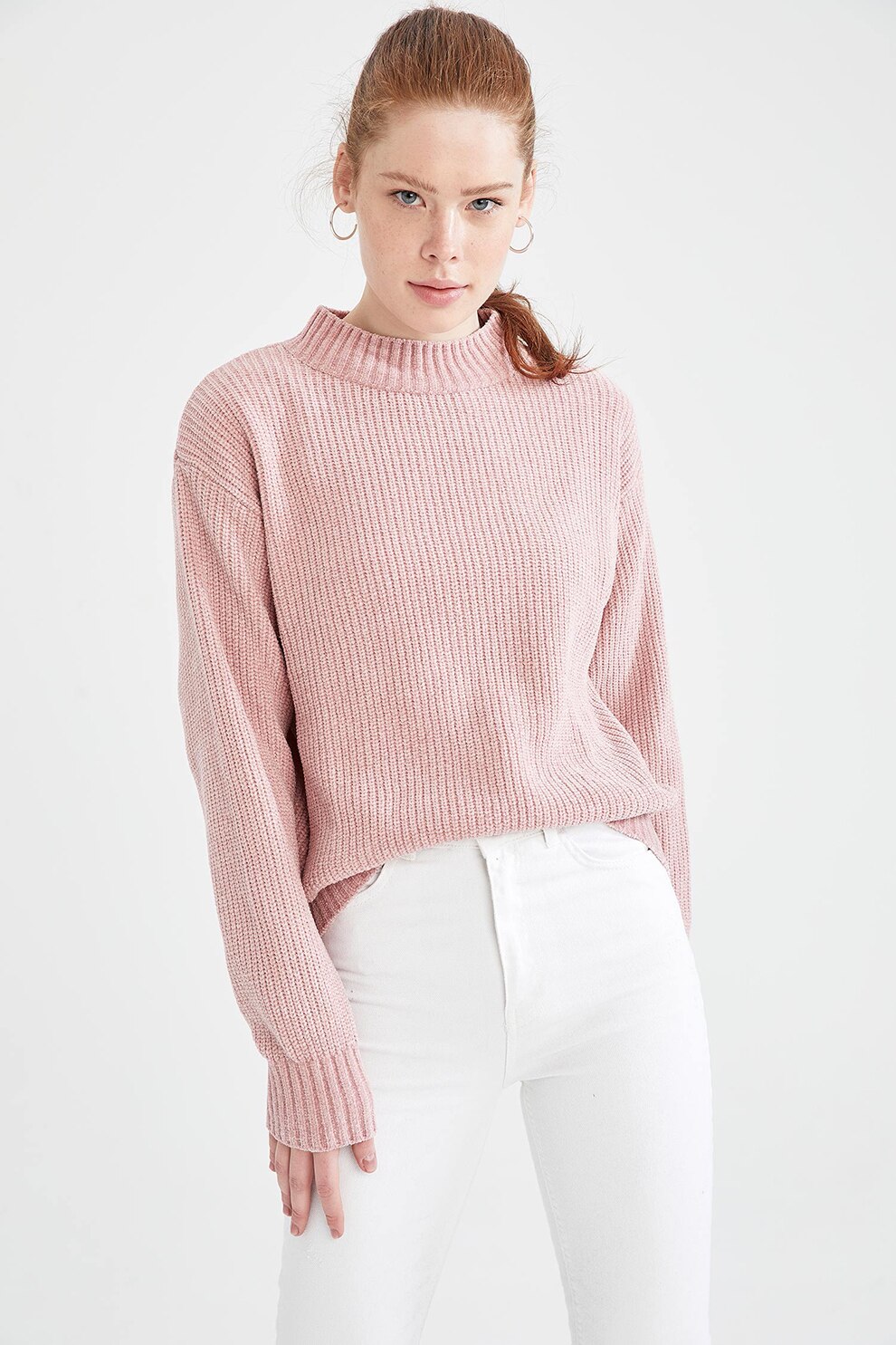 DeFacto, Pulover cu striatii si guler scurt, Roz pal