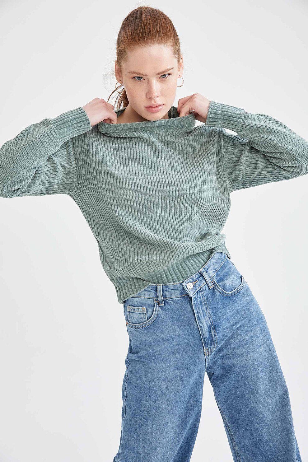 DeFacto, Pulover cu striatii si guler scurt, Verde menta