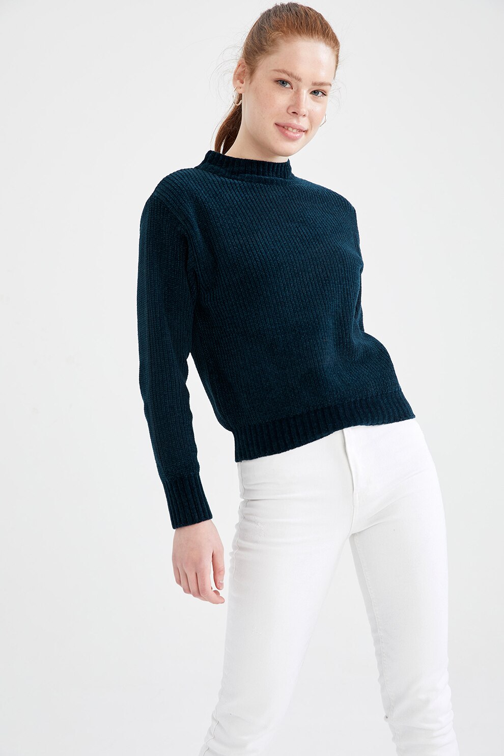 DeFacto, Pulover cu striatii si guler scurt, Albastru petrol