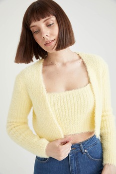 DeFacto, Cardigan crop pufos, galben pal DeFacto, Cardigan crop pufos, galben pal
