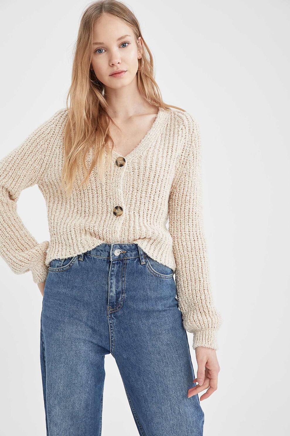 DeFacto, Cardigan cu nasturi si decolteu in V, Maro nisip