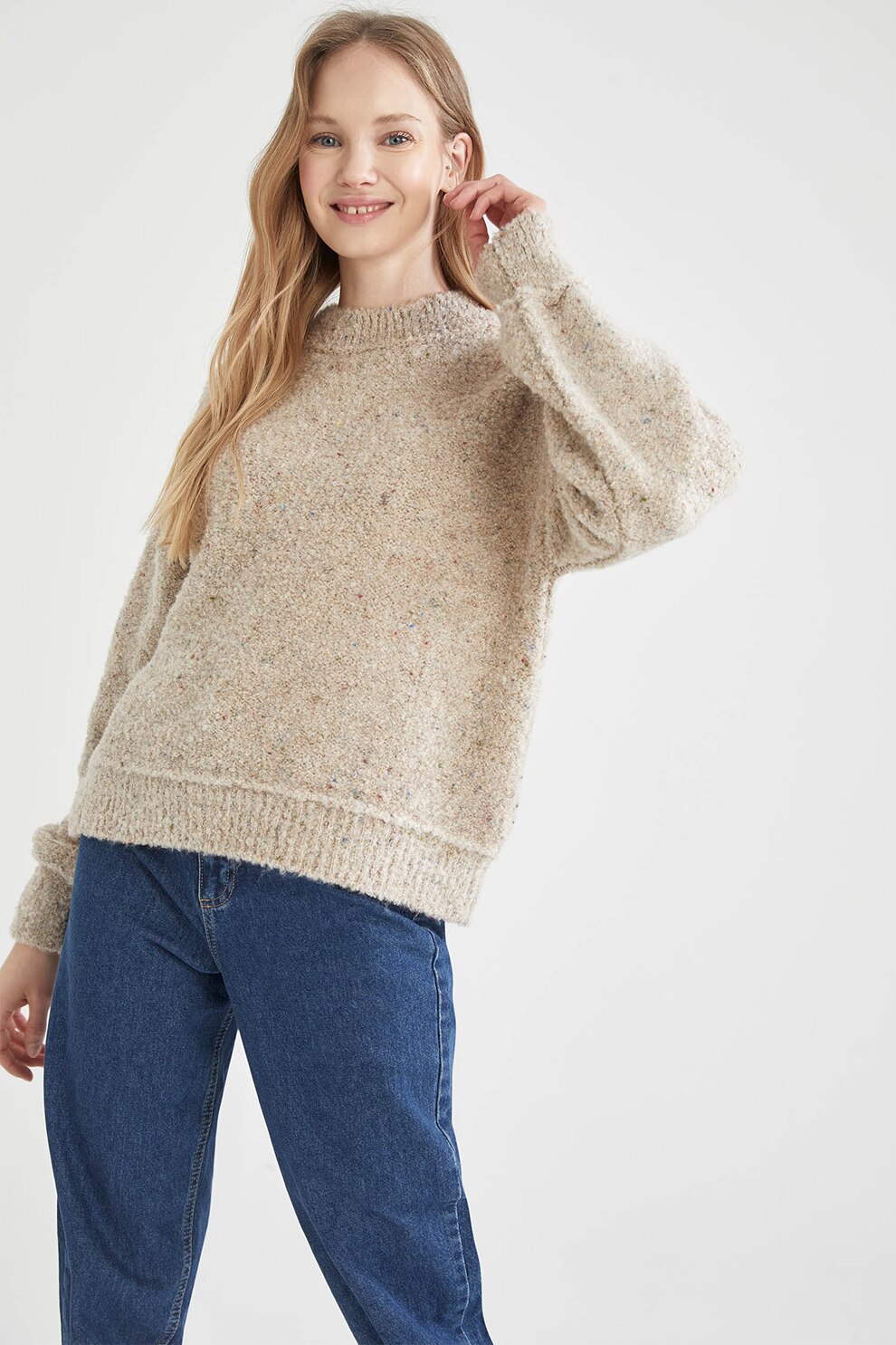 DeFacto, Pulover cu decolteu rotund si maneci cazute, Maro nisip