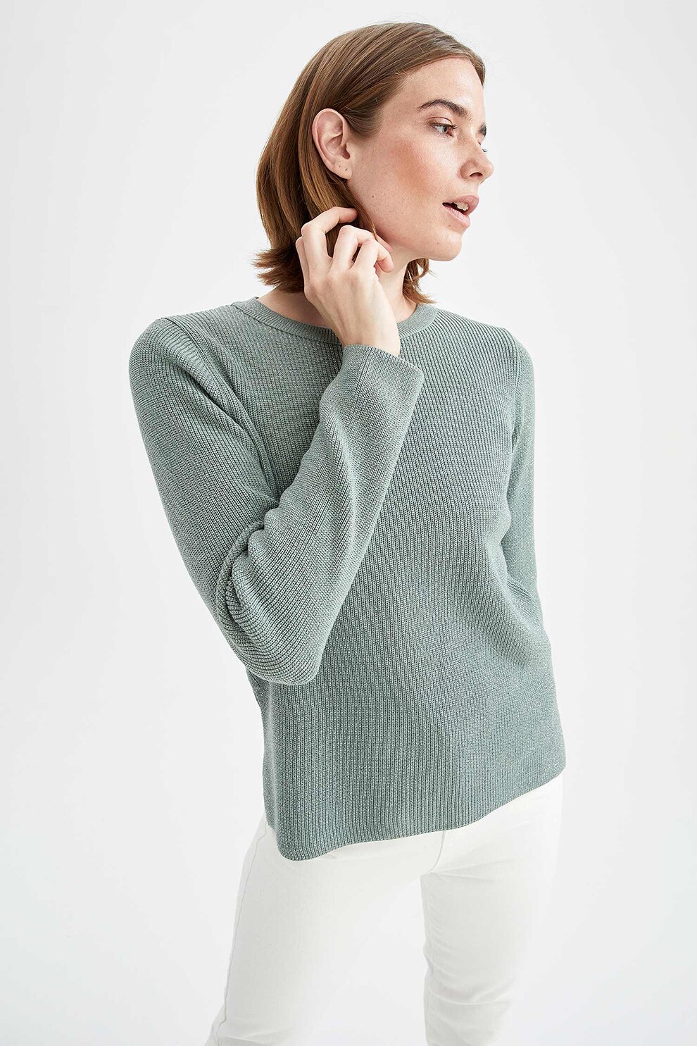 DeFacto, Pulover cu decolteu la baza gatului si detalii stralucitoare, Verde