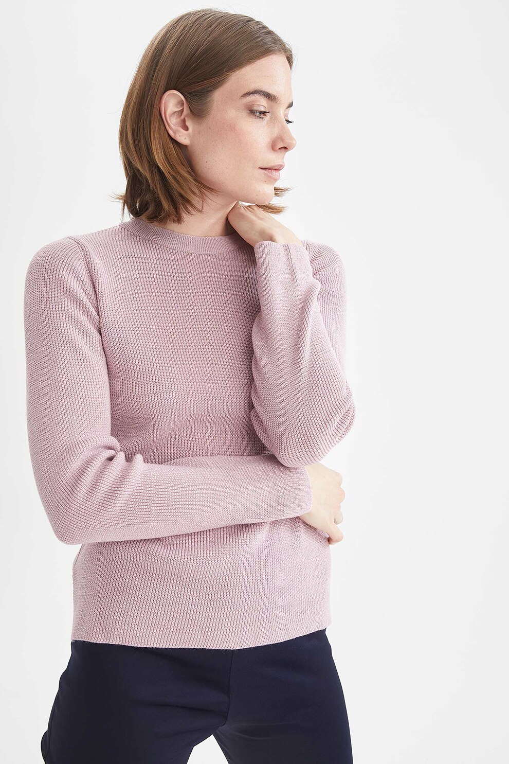 DeFacto, Pulover cu decolteu la baza gatului si detalii stralucitoare, Roz pastel