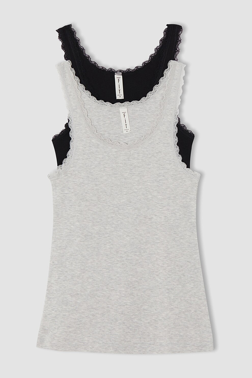 DeFacto, Top cu margini valurite, Negru/Gri melange, XL