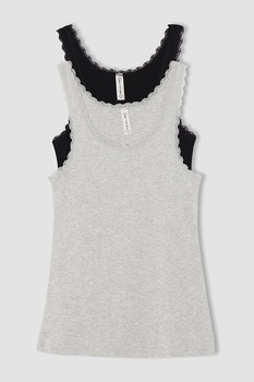 DeFacto, Top cu margini valurite, Negru/Gri melange, XL DeFacto, Top cu margini valurite, Negru/Gri melange, XL