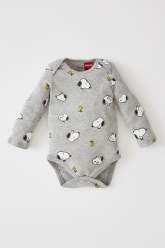 DeFacto, Body cu maneci lungi si imprimeu Snoopy, Gri melange DeFacto, Body cu maneci lungi si imprimeu Snoopy, Gri melange