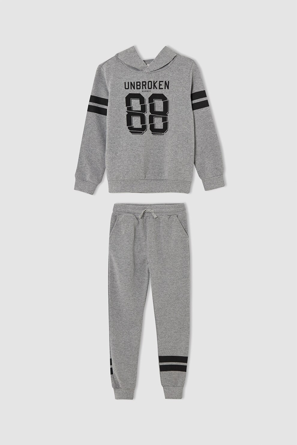 DeFacto, Set de hanorac cu model si pantaloni sport, Gri melange