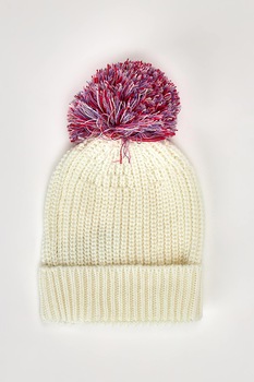 DeFacto, Caciula tricotata striata cu ciucure, Alb prafuit/Purpuriu, ONE SIZE Standard DeFacto, Caciula tricotata striata cu ciucure, Alb prafuit/Purpuriu, ONE SIZE Standard