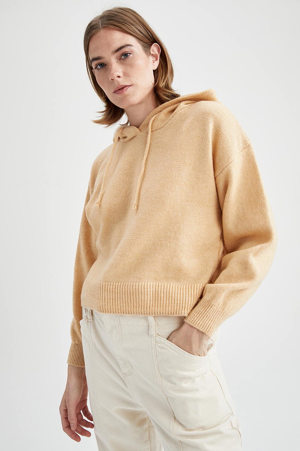 DeFacto, Hanorac crop relaxed fit tricotat, Maro camel