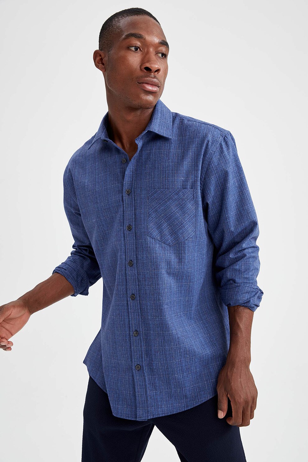 DeFacto, Camasa din amestec de bumbac cu buzunar pe piept, Indigo