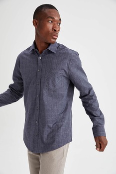 DeFacto, Camasa din amestec de bumbac cu buzunar pe piept, Gri inchis DeFacto, Camasa din amestec de bumbac cu buzunar pe piept, Gri inchis