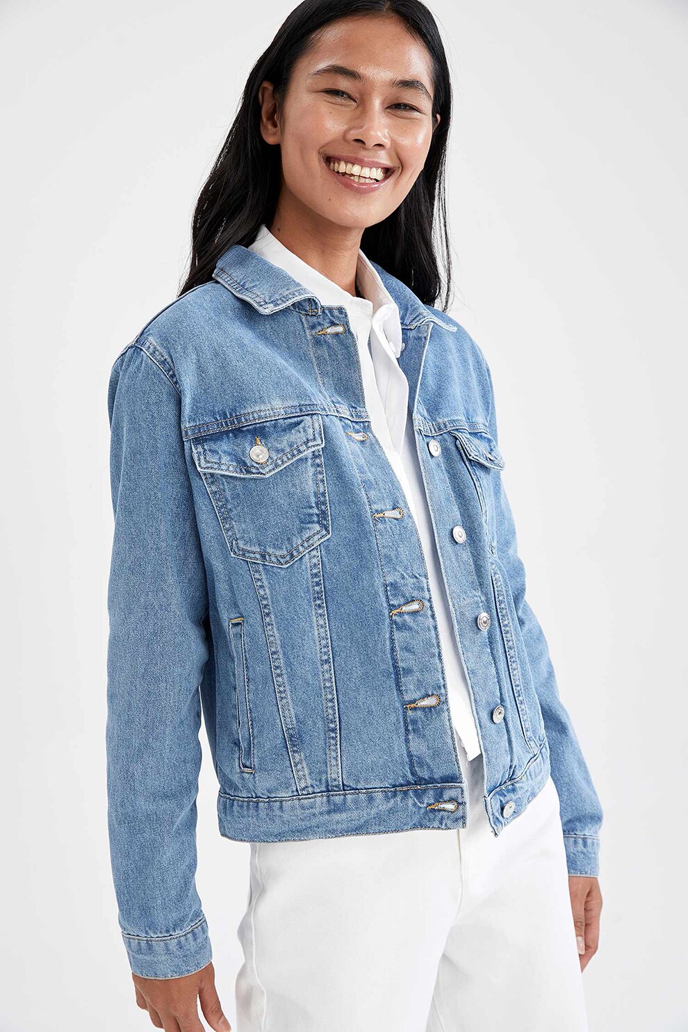 DeFacto, Jacheta de denim cu buzunare aplicate, Albastru