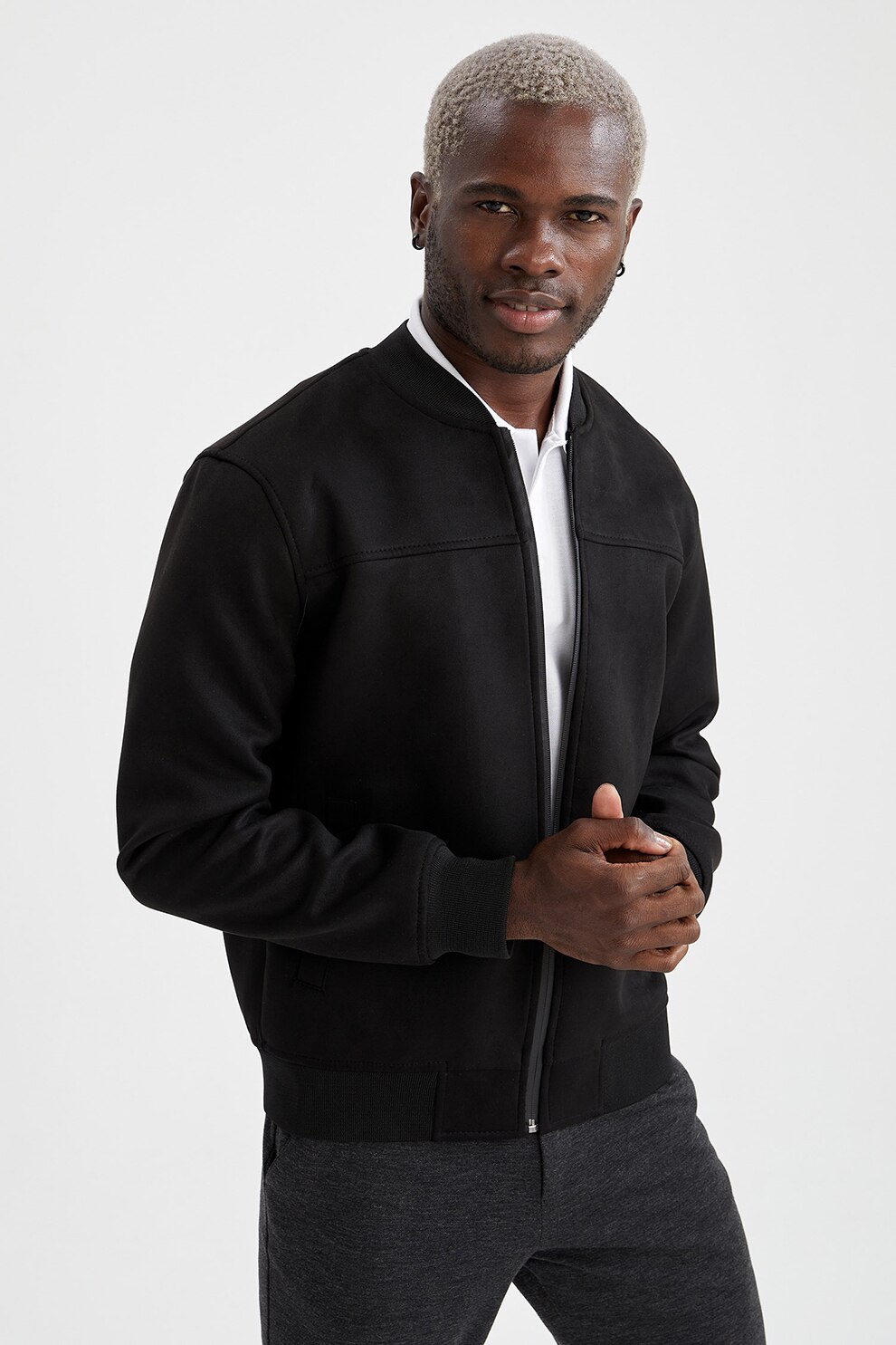 DeFacto, Jacheta bomber slim fit de piele intoarsa sintetica, Negru