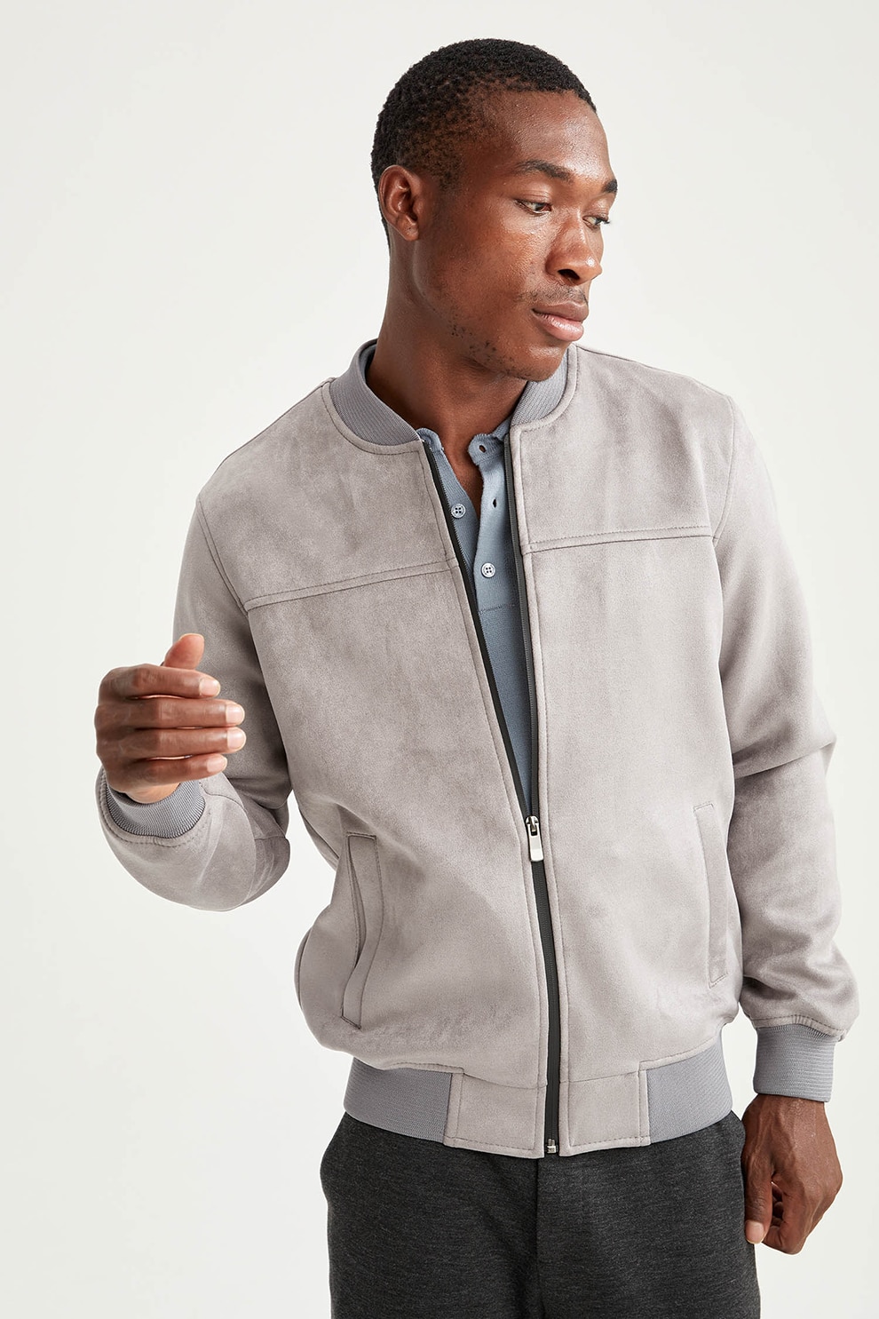 DeFacto, Jacheta bomber slim fit de piele intoarsa sintetica, Maro taupe deschis/Gri cenusa