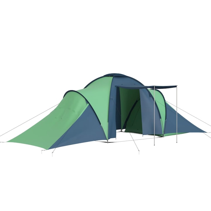 Cort camping 6 persoane, vidaXL, Poliester/Fibra de sticla, 576 x 235 x 190 cm, Albastru/Verde