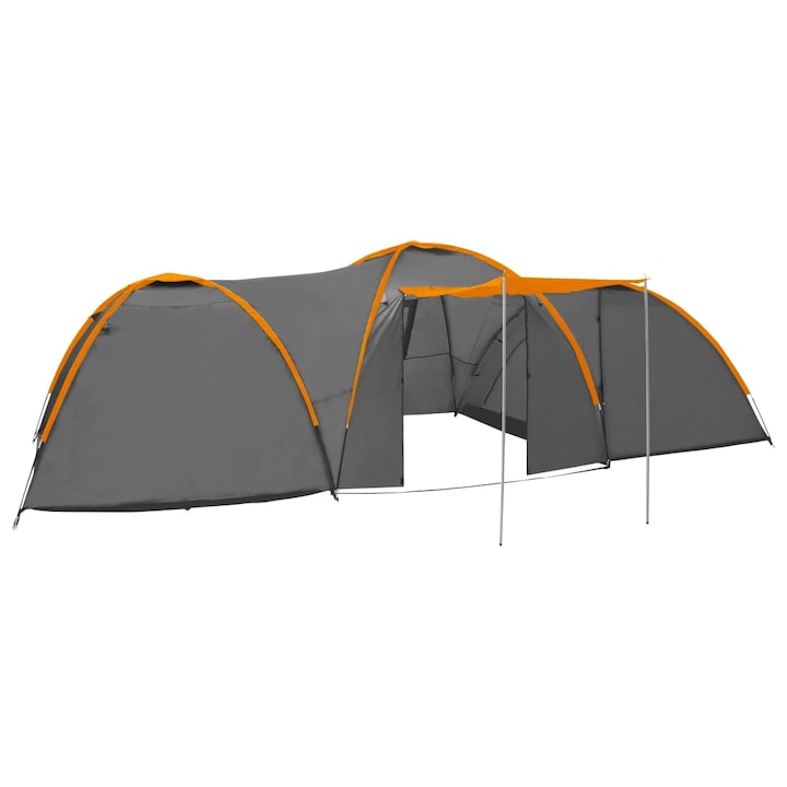 Cort camping 8 persoane cu bagaje, vidaXL, Poliester/Fibra de sticla, 650 x 240 x 190 cm, Gri/Portocaliu