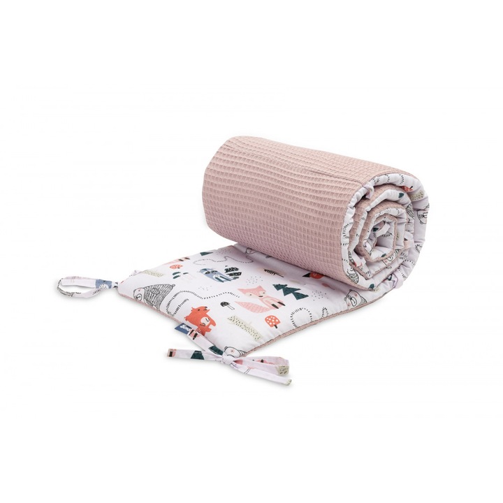 Aparatoare pentru patut Sensillo Waffle Fox Pink 180x30cm cu doua fete din bumbac, umplutura antialergica, prindere cu panglici