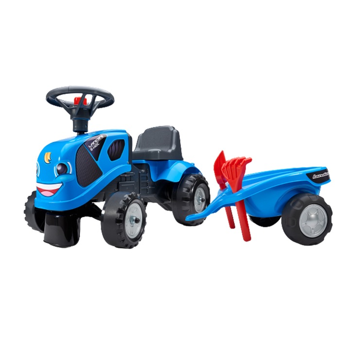 Tractor cu pedale pentru copii, Falk, cu remorca paleta si lopata, albastru