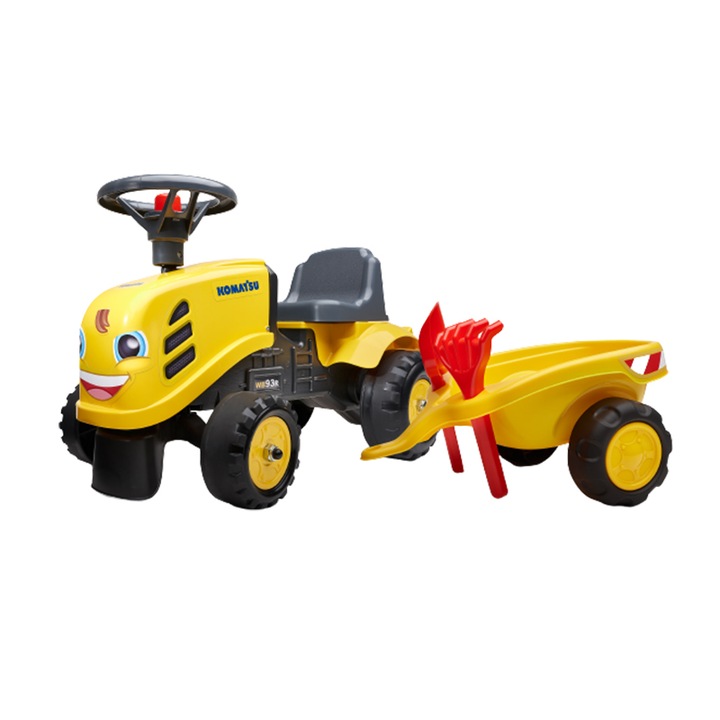 Tractor pentru copii Falk bebelusi cu remorca Komatsu, paleta si lopata, galben