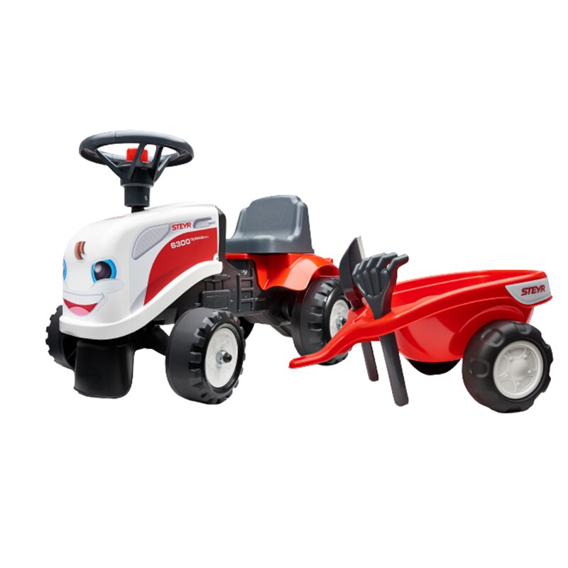 Tractor Falk cu remorca, paleta si lopata, alb cu rosu