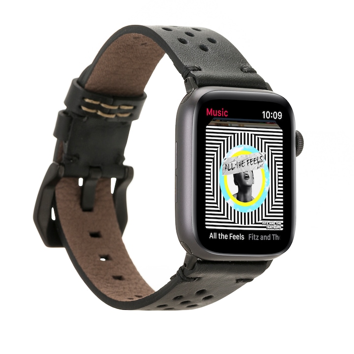 Apple Watch Series SE, 6, 5, 4 - 44mm, 1, 2, 3 - 42mm, Prémium puha, természetes bőr, varrás részletei, perforációval, fekete adapterekkel, Bouletta Vigo, Fekete - Rustic black