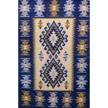 Covor traditional, calitate superioara, Bumbac, Albastru, 80x200 cm