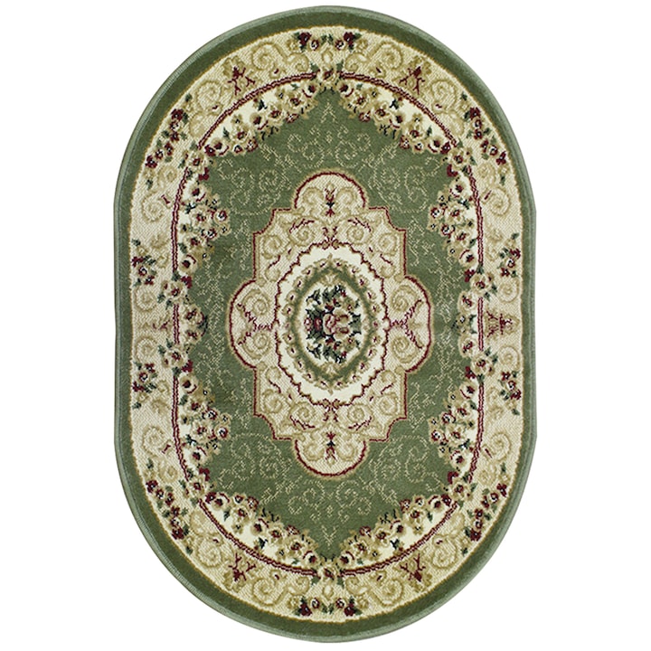 Frise szőnyeg, Ovális, Zöld, Krém, 100 X 200 cm