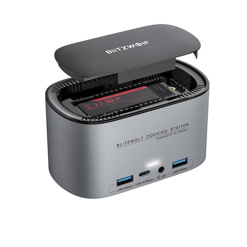 Adaptor HUB 14-in-1 BlitzWolf BW-TH12, USB-C - 1x M.2 SATA 3.0 NGFF SSD, 1x HDMI, 2x DP, 4x USB 3.0, 3x USB-C, 1x RJ45, 1x Jack 3.5mm, 1x DC, Silver