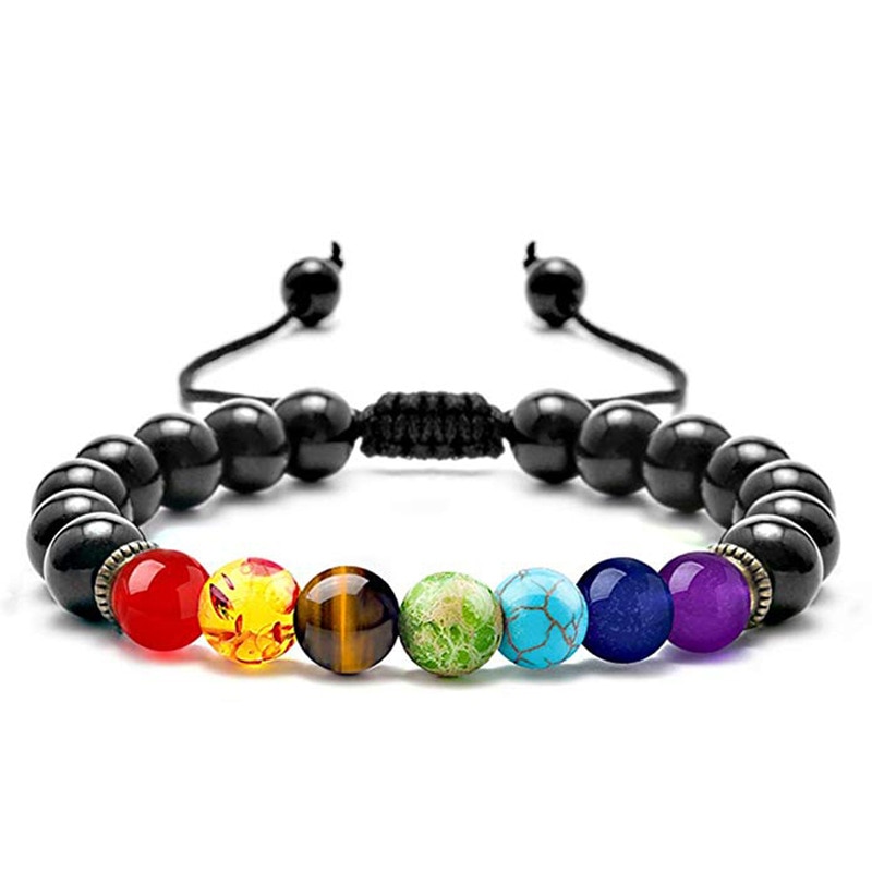 Bratara energetica creata manual, din roca vulcanica EFAYN RO, 7Chakras, pietre semipretioase, unisex, reglabila, Negru lucios, Reglabila