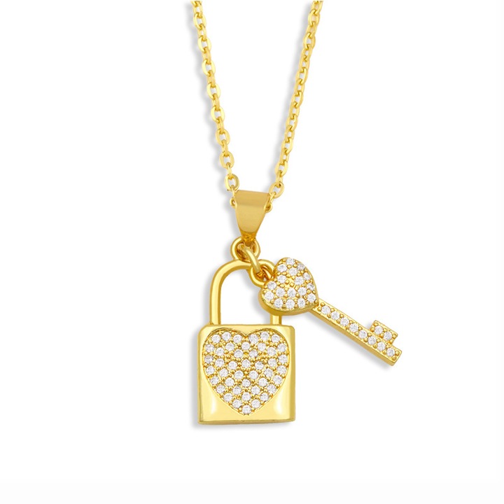 Lantisor si pandantiv lacat si cheita, placat cu aur 18K, pietre zirconiu alb, auriu