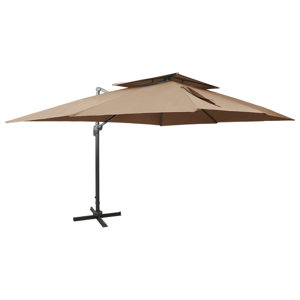 Umbrela suspendata pentru exterior cu acoperis dublu, vidaXL, textil cu invelis din PA, aluminiu, 300 x 400 cm, Gri taupe