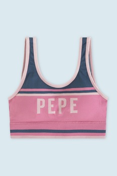 Pepe Jeans London, Bustiera cu model colorblock si imprimeu logo Kerry, Roz/roz piersica/albastru petrol Pepe Jeans London, Bustiera cu model colorblock si imprimeu logo Kerry, Roz/roz piersica/albastru petrol