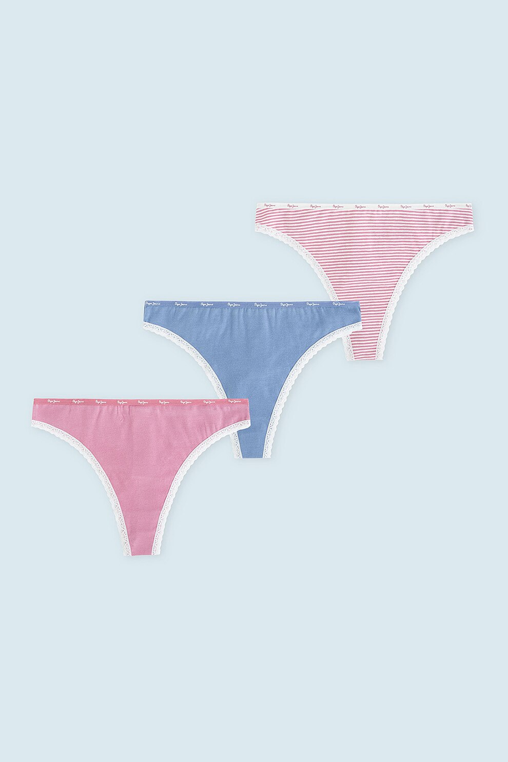Pepe Jeans London, Set de chiloti tanga cu imprimeu - 3 perechi, Roz/Alb/Bleumarin, L