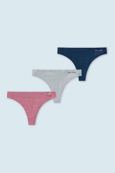 Pepe Jeans London, Set de chiloti tanga din microfibra cu detaliu logo contrasant - 3 perechi, Bleumarin inchis/roz prafuit/gri cenusa, L Pepe Jeans London, Set de chiloti tanga din microfibra cu detaliu logo contrasant - 3 perechi, Bleumarin inchis/roz prafuit/gri cenusa, L