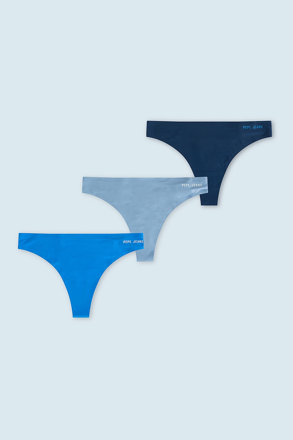 Pepe Jeans London, Set de chiloti tanga din microfibra cu detaliu logo contrasant - 3 perechi, Albastru/albastru lavanda/bleumarin inchis, L
